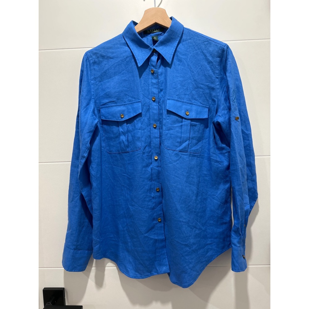 Lauren Ralph Lauren Blue 100% Linen Roll Tab Utility Button Down Shirt Womens M